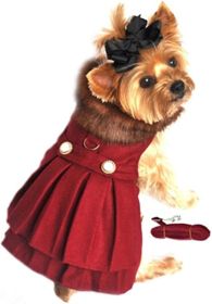 Wool Fur-Trimmed Dog Harness Coat - Red (Option: X-Small)